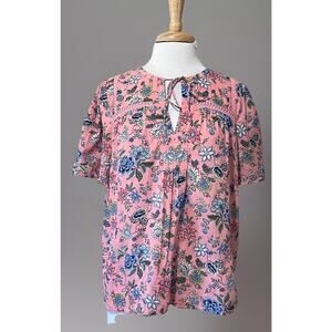 LOFT Womens Large Pink Blue Peasant Top Blouse Cottagecore Summer Cotton